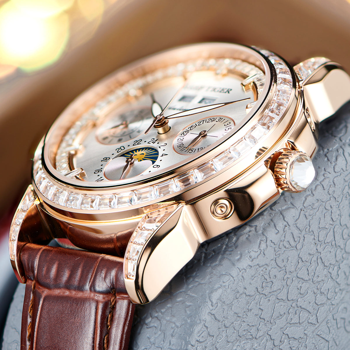 Luxury Rose Gold & Zirconia Bezel Multifunctional Mechanical Moon Phase Automatic Men Watches - Reef Tiger RGA1988