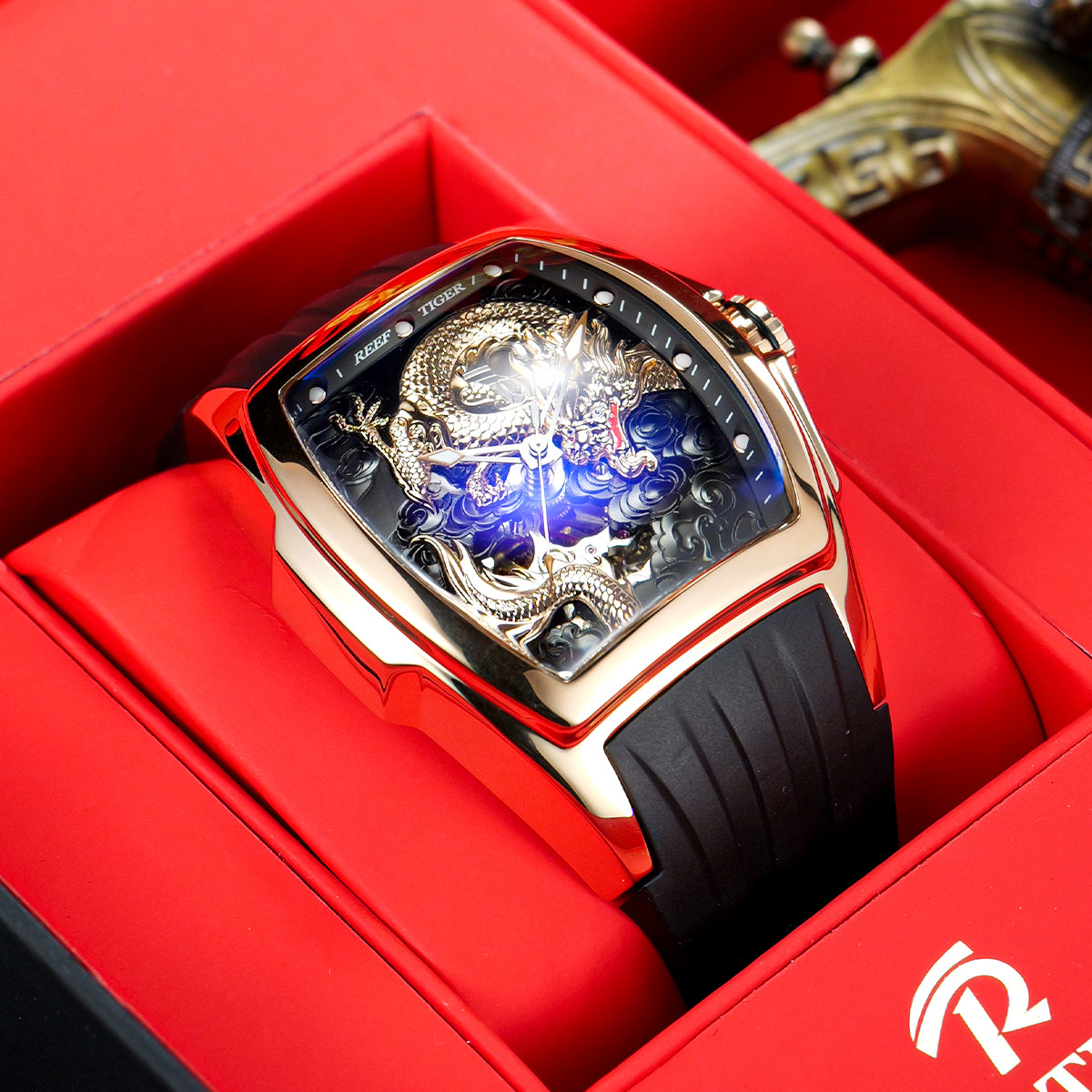 Top Quality Reef Tiger Aurora RGA3061 Men's Luxury Automatic Skeleton Rose Gold Dragon Watch