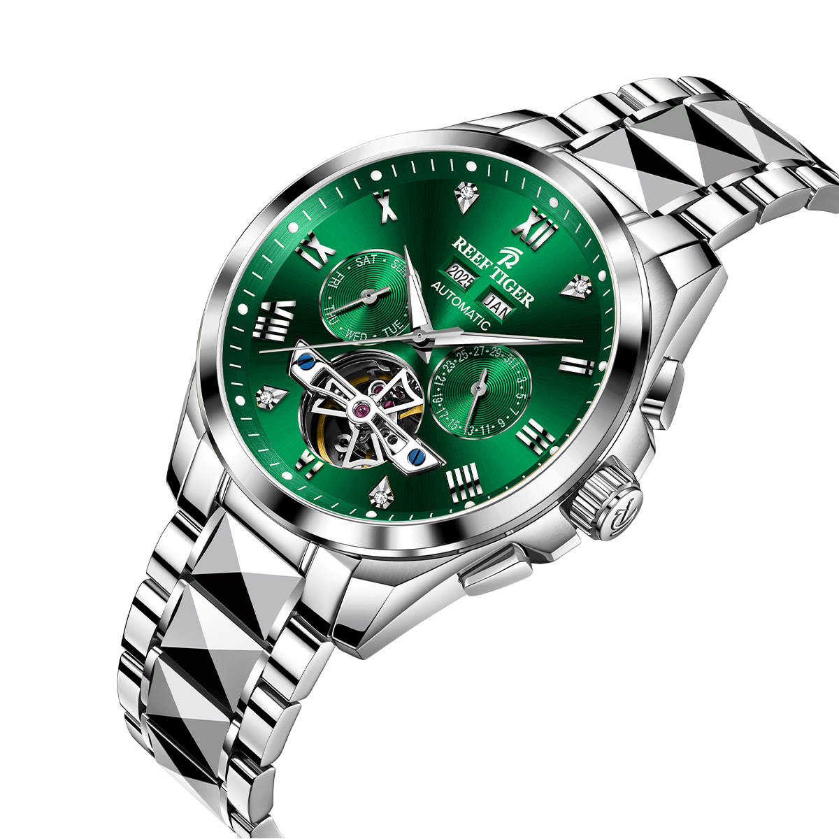 Affordable Green Day Date Dial Automatic Watches - Reef Tiger RGA8235 Constant motion