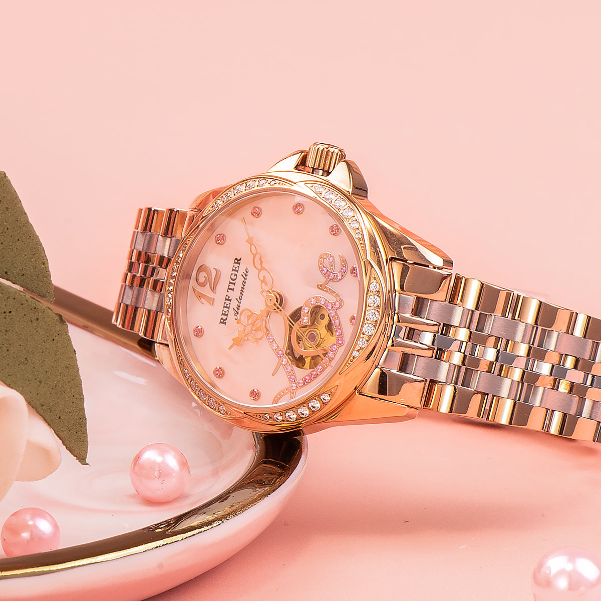 Pink Shell Pattern Dial Diamond Automatic Watch for Women - Fashion Luxury Rose Gold REEF TIGER RGA1583 Women Watches