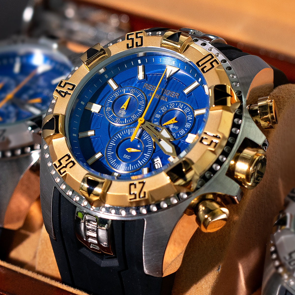 REEF TIGER Aurora RGA303 52mm Big Dial & Yellow Gold Color Bezel - Men's Chronograph Quartz Multi-Function Sport Watch
