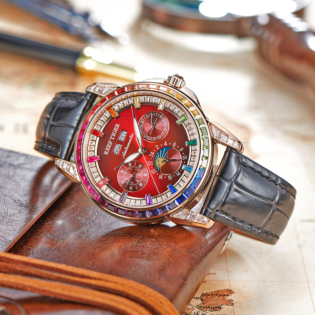 Reef Tiger RGA1988 Burgundy Red Dial Moonphase of Men 42mm Automatic Mechanical Rose Gold Watch - Rainbow Zirconia Bezel