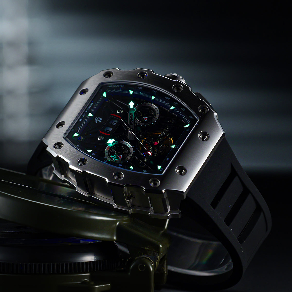 REEF TIGER RGA3009 All Black Men Fashion Flywheel Skeleton Automatic Mechanical Watches - Multifunctional Day/Date Skeleton Watch