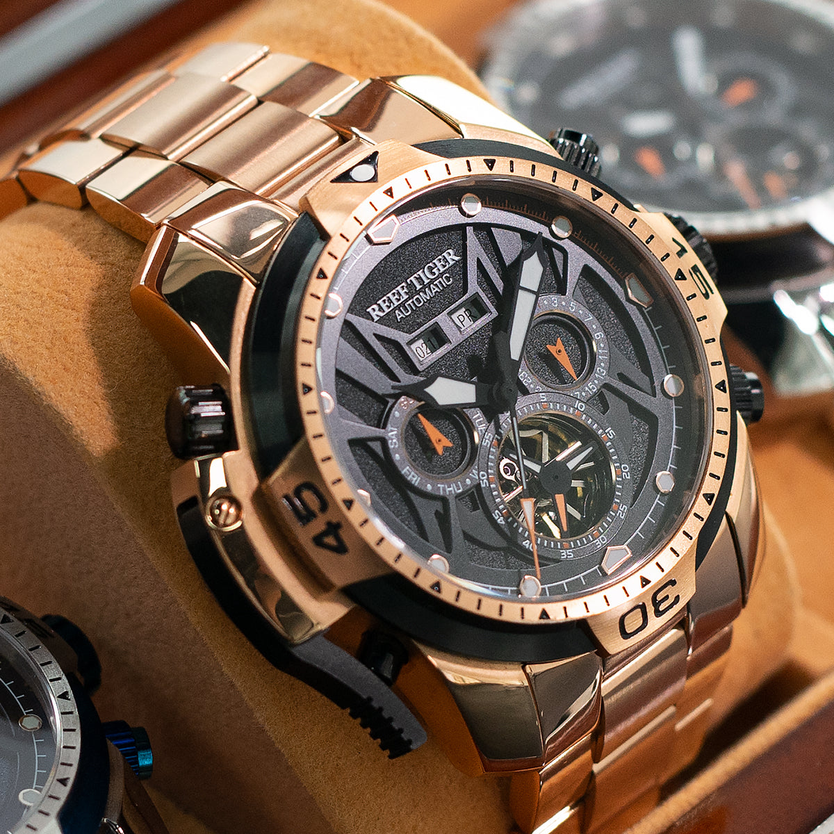 Rose Gold Reef Tiger Aurora RA3532  Men's Automatic Mechanical Watch - Sports Design, Durable Stainless Steel Case/Strap