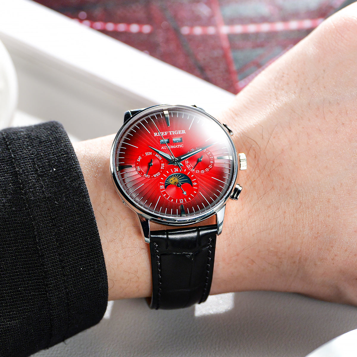 Red Dial Automatic Multifunctional Day/Date Moon phase Watch For Men - REEF TIGER RGA8218 Vintage Business Wristwatch