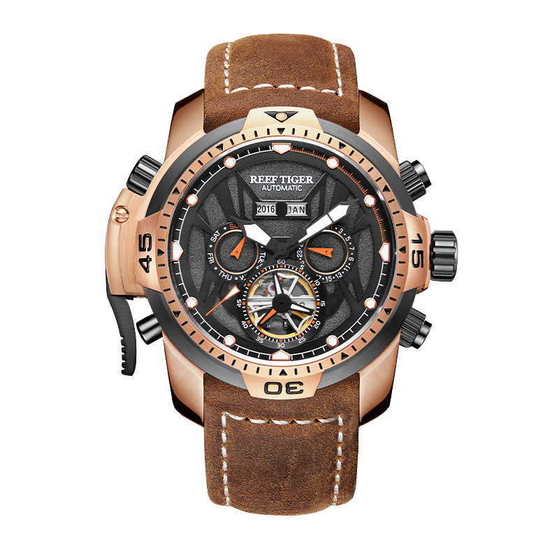 Rose Gold Reef Tiger Aurora RA3532  Men's Automatic Mechanical Watch - Sports Design, Durable Stainless Steel Case/Strap