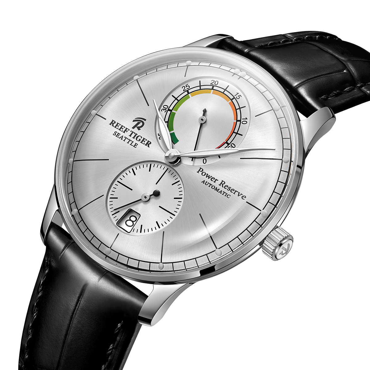 High quality REEF TIGER RGA82B0-3 Classic Automatic Business Watches For Men - Silver Dial Multifunctional Waterproof Dress Watch