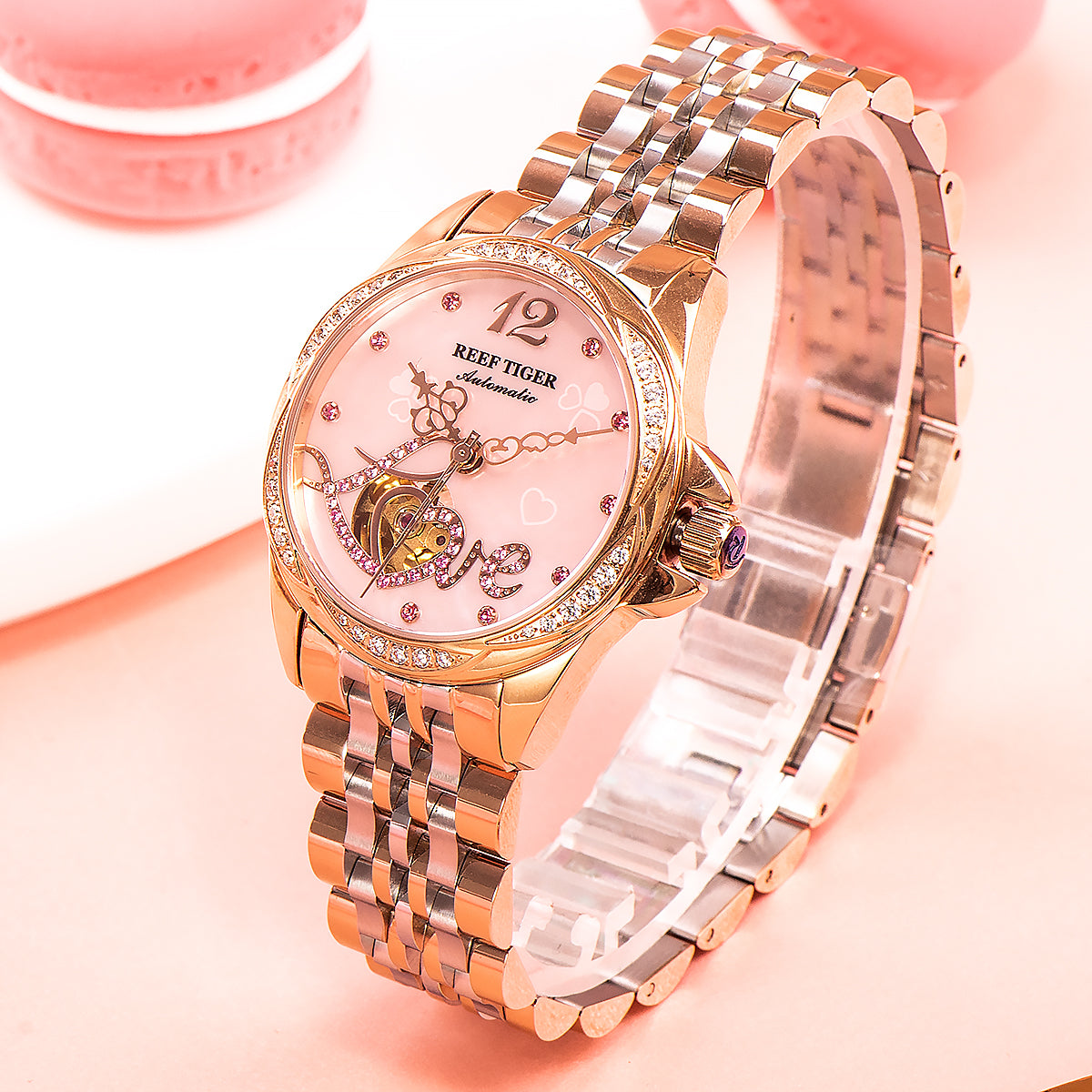 Pink Shell Pattern Dial Diamond Automatic Watch for Women - Fashion Luxury Rose Gold REEF TIGER RGA1583 Women Watches