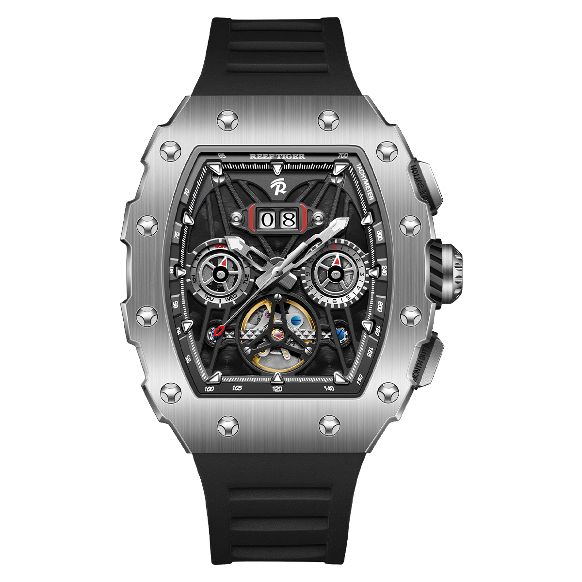 REEF TIGER Aurora RGA3009 Tonneau Automatic Mechanical Watch for Men - Multifunctional Date Luminous Waterproof Flywheel Watch