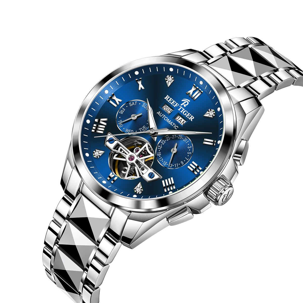 Vintage Blue Day Date Automatic Watches For Sale - Reef Tiger RGA8235 Constant Motion