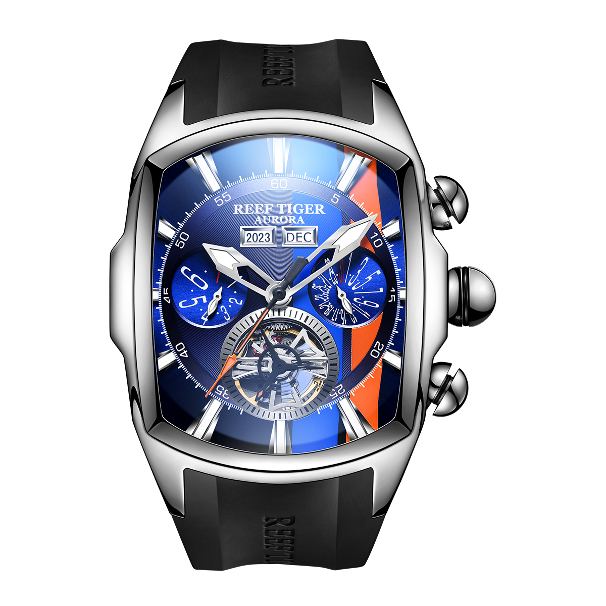 Reef Tiger RGA3069 Men's Tonneau Automatic Watch - Racing Skeleton Automatic Winding Mechanical Waterproof Watches