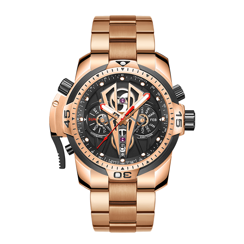 Reef Tiger Aurora Concept 2 RGA3591 Skeleton Automatic Self-Winding Waterproof Watches for Men - Rose Gold Stainless Steel Case/Strap