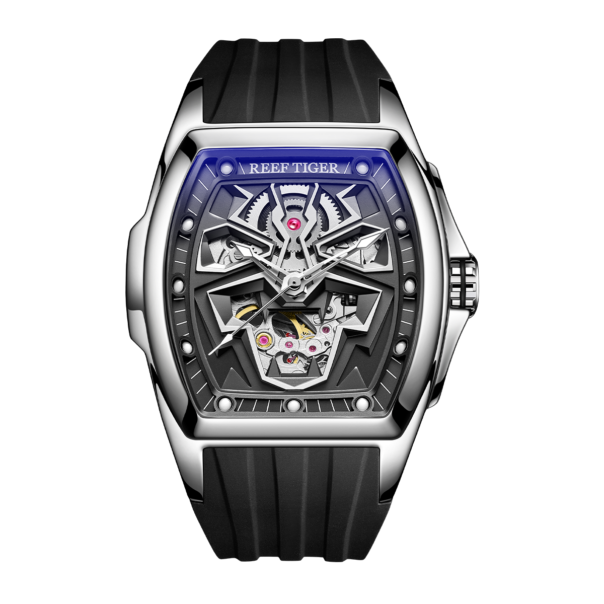 Reef Tiger RGA3061-LEO Luxury Mens Skeleton Tonneau Automatic Mechanical Watch For Men - 50M Waterproof Super Luminous Watch