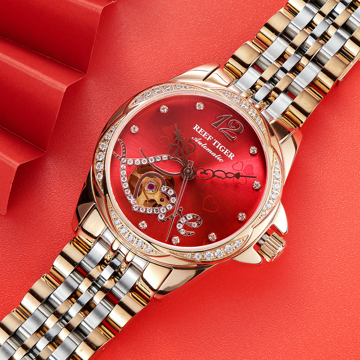 REEF TIGER Original Diamond Watches for Women - Fashion Burgundy Red Dial Luxury RGA1583 Automatic Ladies Dress Watch