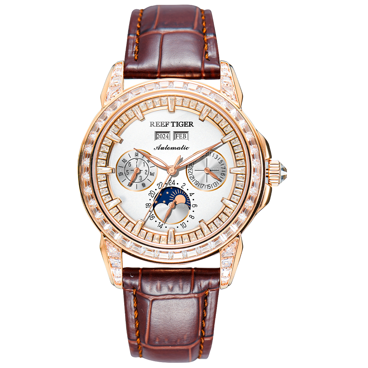 Luxury Rose Gold & Zirconia Bezel Multifunctional Mechanical Moon Phase Automatic Men Watches - Reef Tiger RGA1988