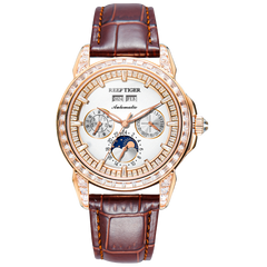 Luxury Rose Gold & Zirconia Bezel Multifunctional Mechanical Moon Phase Automatic Men Watches - Reef Tiger RGA1988