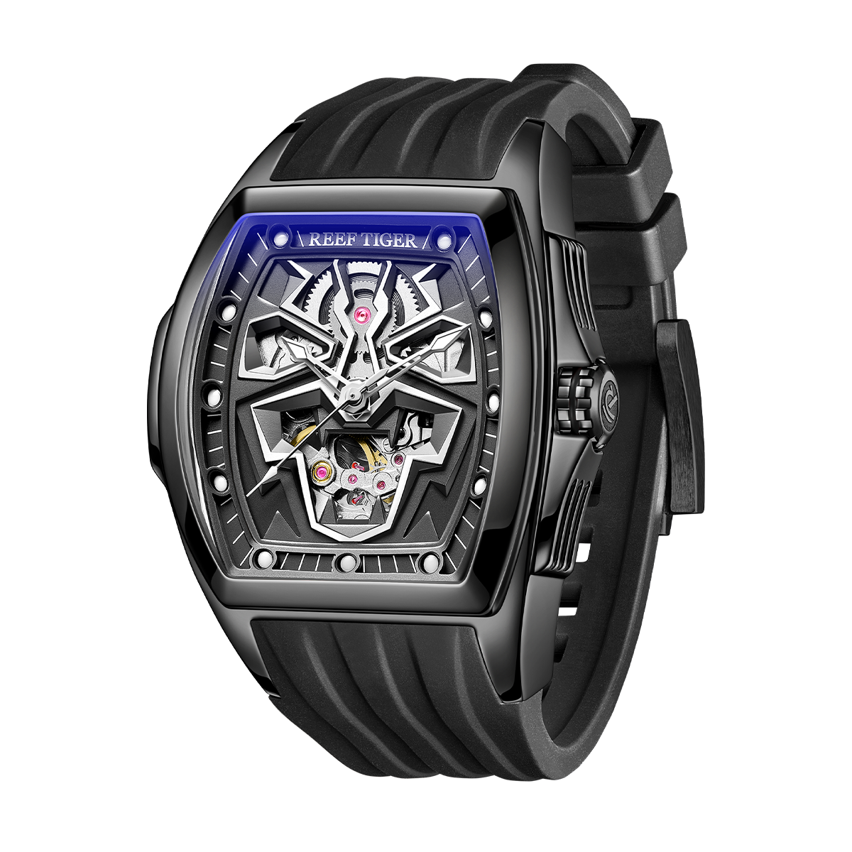Reef Tiger RGA3061-LEO Hot Trendy Fashion All Black Men Super Luminous Skeleton Automatic Self-Wind Watches