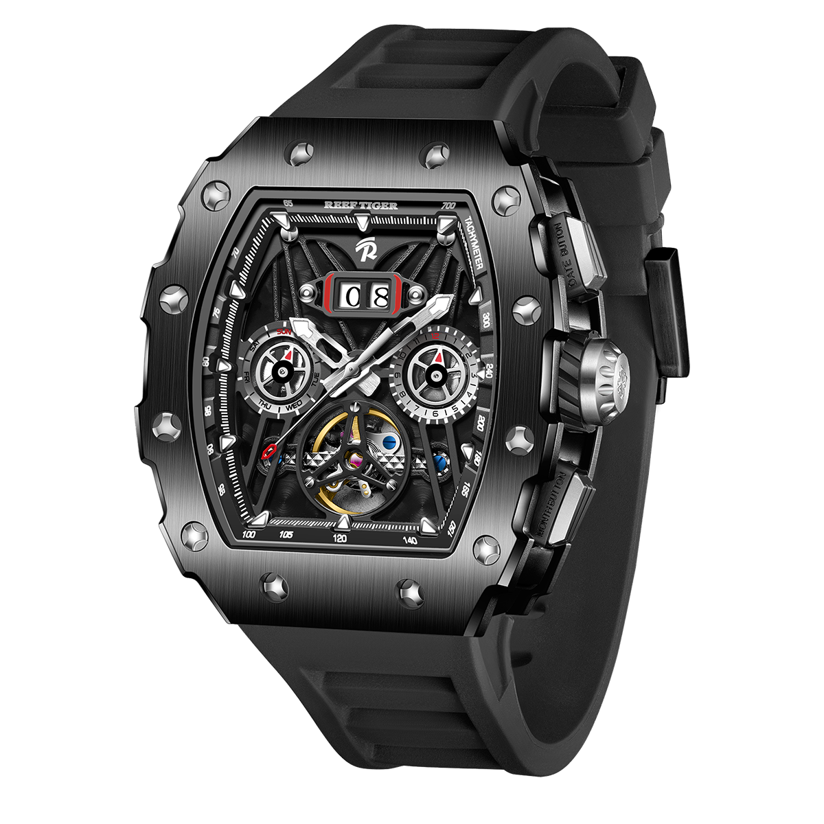 REEF TIGER RGA3009 All Black Men Fashion Flywheel Skeleton Automatic Mechanical Watches - Multifunctional Day/Date Skeleton Watch