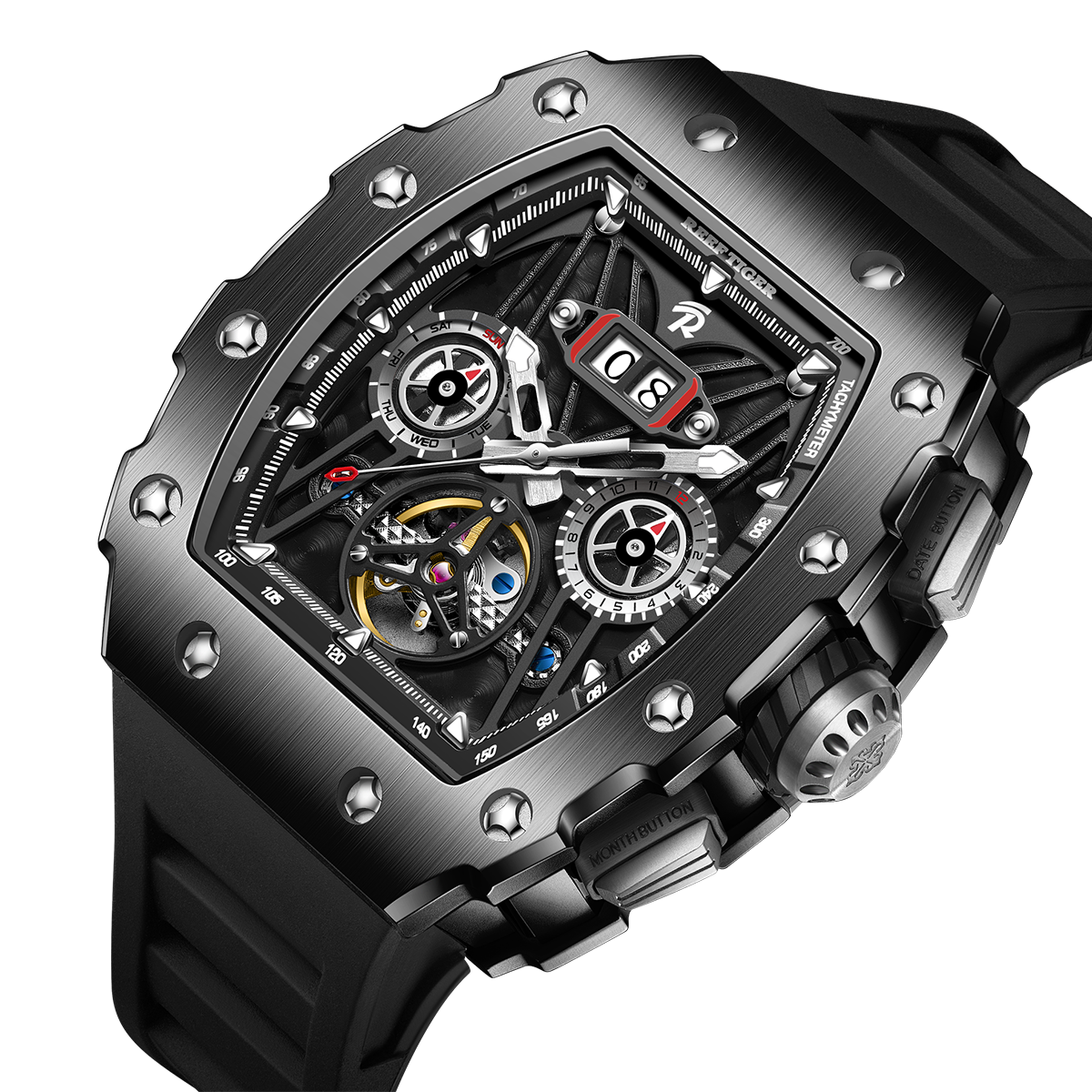 REEF TIGER RGA3009 All Black Men Fashion Flywheel Skeleton Automatic Mechanical Watches - Multifunctional Day/Date Skeleton Watch