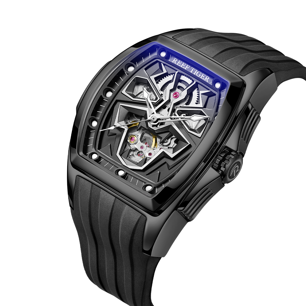 Reef Tiger RGA3061-LEO Hot Trendy Fashion All Black Men Super Luminous Skeleton Automatic Self-Wind Watches