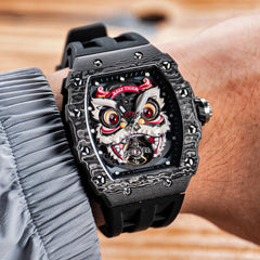 Unique Reef Tiger RGA3009 Chinese Lion Dance Skeleton Black Carbon Fiber Watch