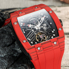 OBLVLO EM-ST Best Luxury Red Carbon Fiber Automatic Skeleton Sport Cool Watches for Men