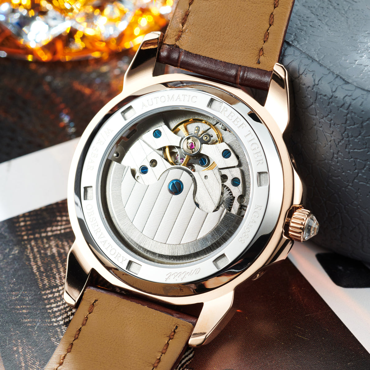 Reef Tiger RGA1988 Burgundy Red Dial Moonphase of Men 42mm Automatic Mechanical Rose Gold Watch - Rainbow Zirconia Bezel