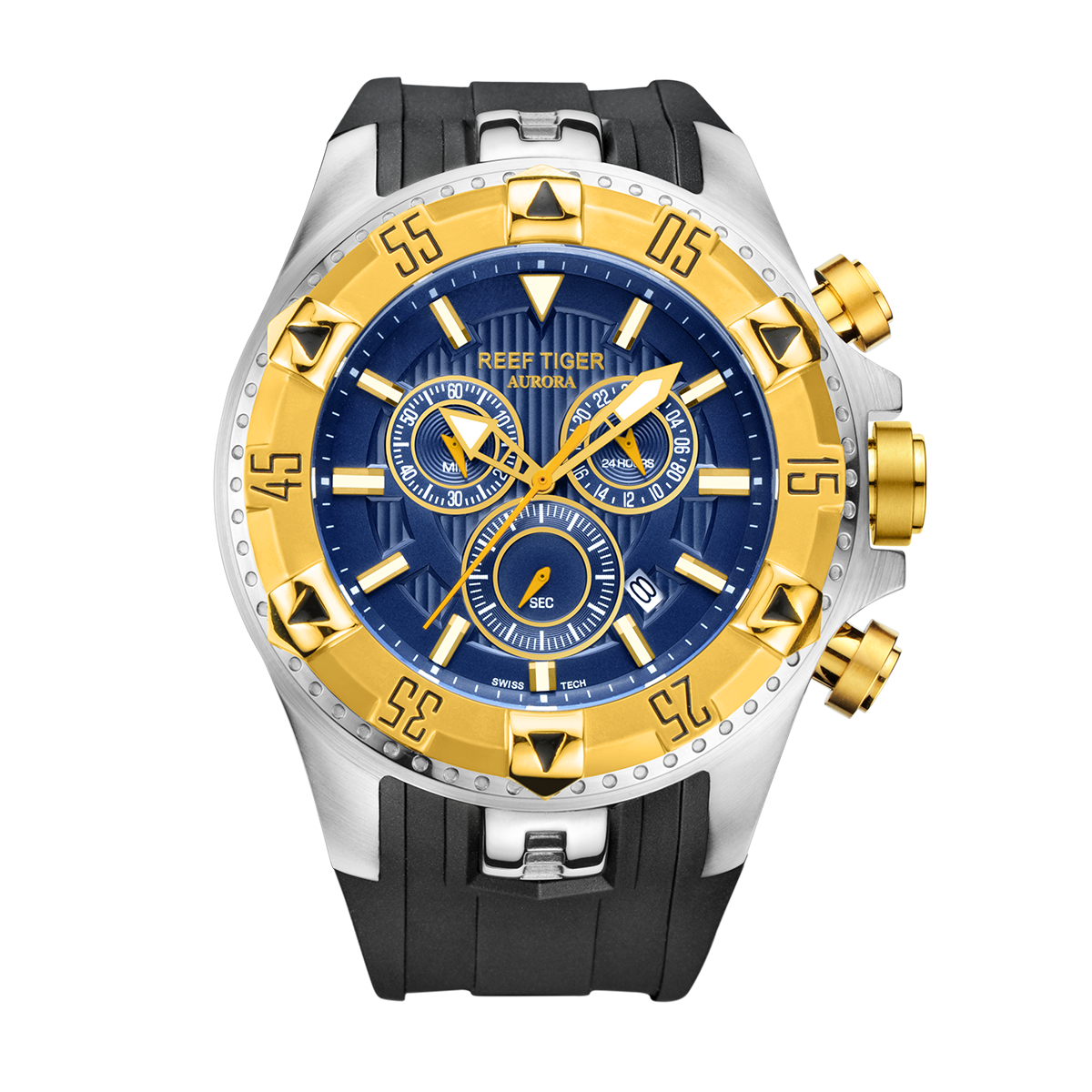 REEF TIGER Aurora RGA303 52mm Big Dial & Yellow Gold Color Bezel - Men's Chronograph Quartz Multi-Function Sport Watch