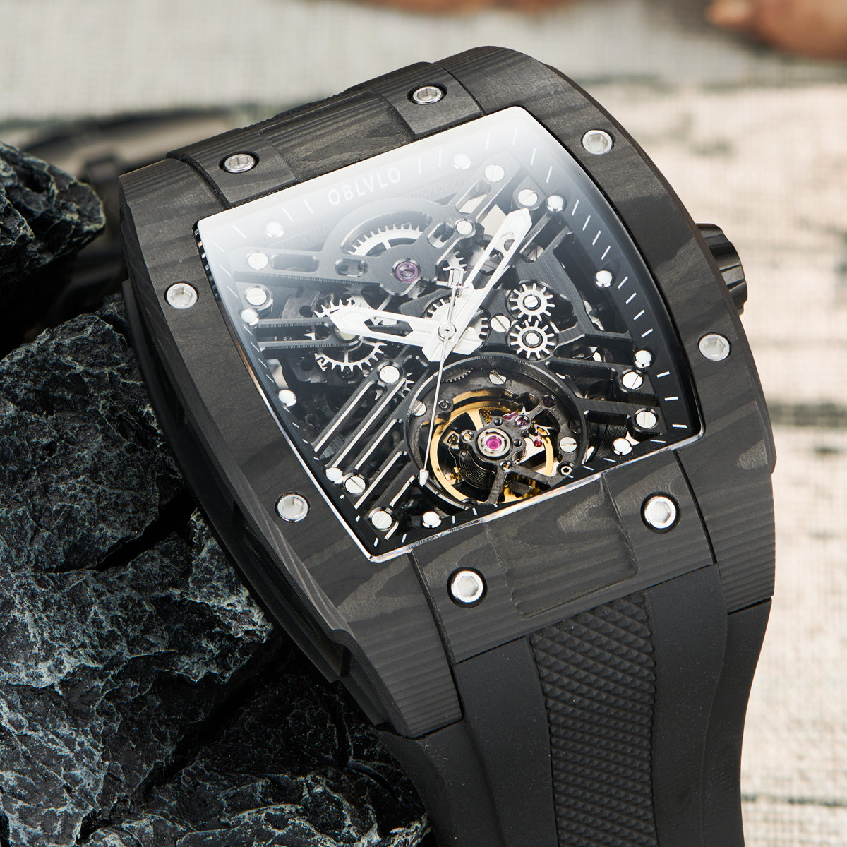 OBLVLO EM-ST Luxury Black Carbon Fiber Skeleton Mechanical Mens Watches