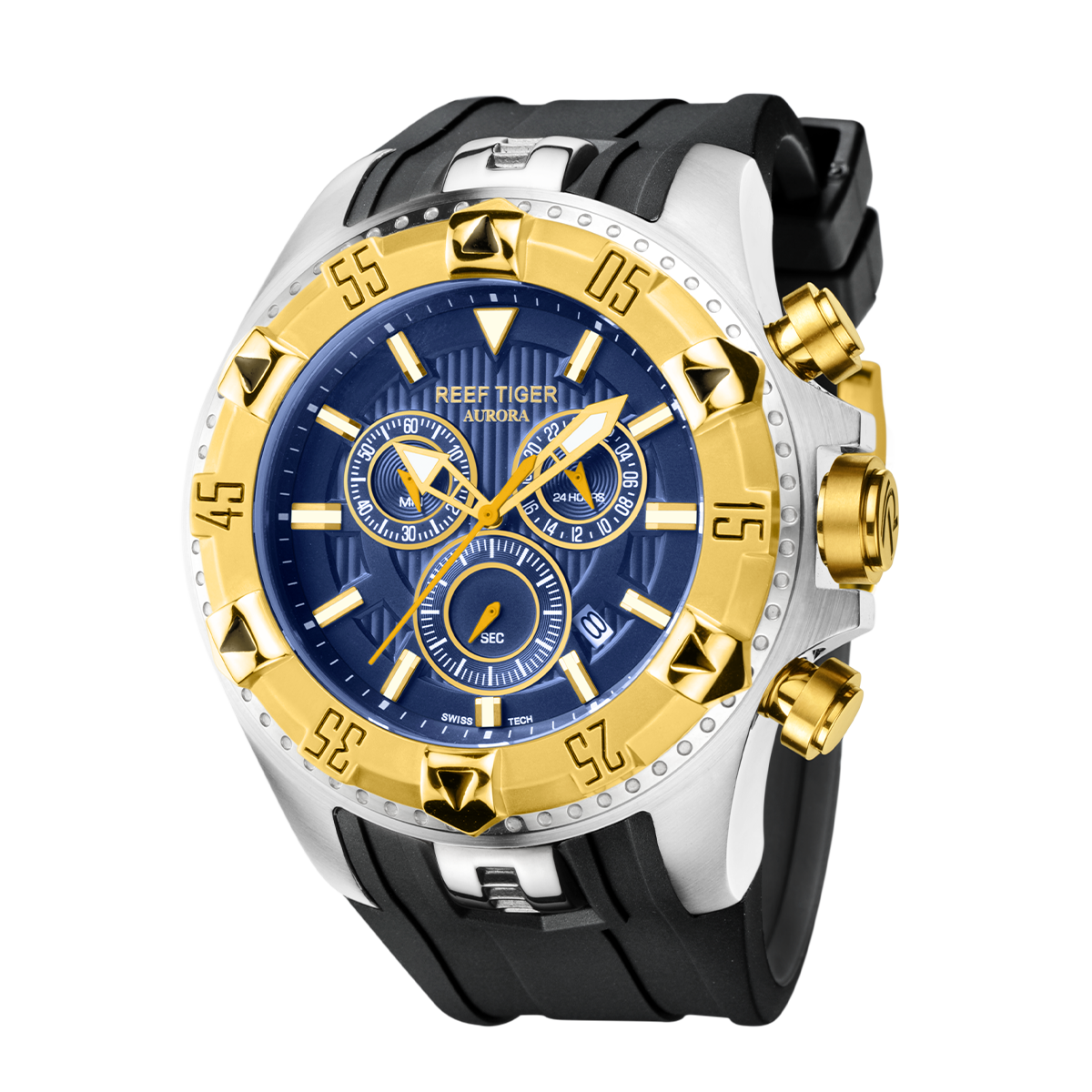 REEF TIGER Aurora RGA303 52mm Big Dial & Yellow Gold Color Bezel - Men's Chronograph Quartz Multi-Function Sport Watch