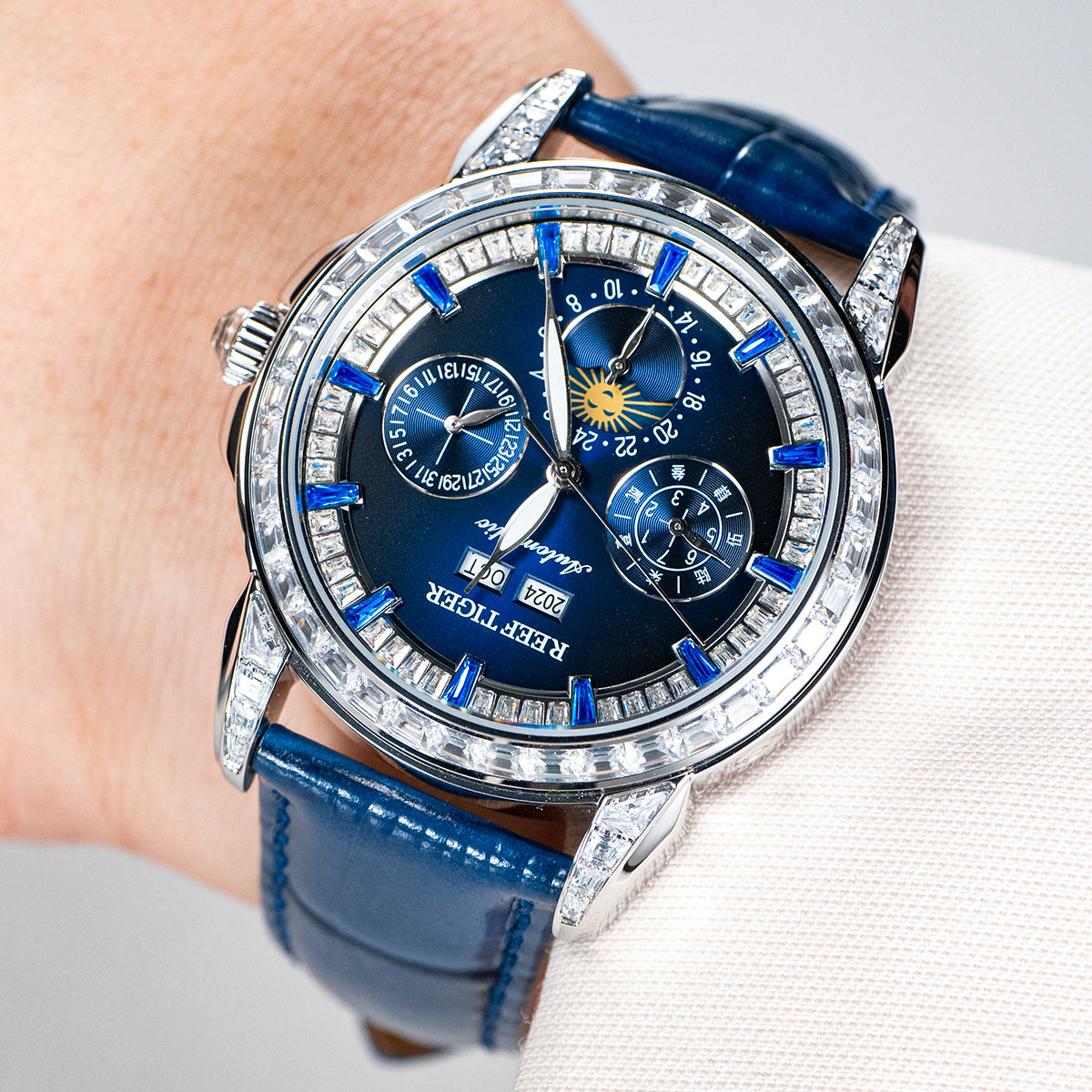 Luxury Zirconia Bezel & Blue Dial Men 24 Hour Moon Phase Dress Business Watch - Reef Tiger Classics RGA1988