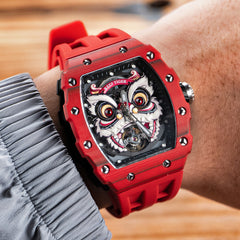 Fashion Reef Tiger RGA3009 Chinese Red Carbon Fiber Case Lion Dance Skeleton Automatic Watch