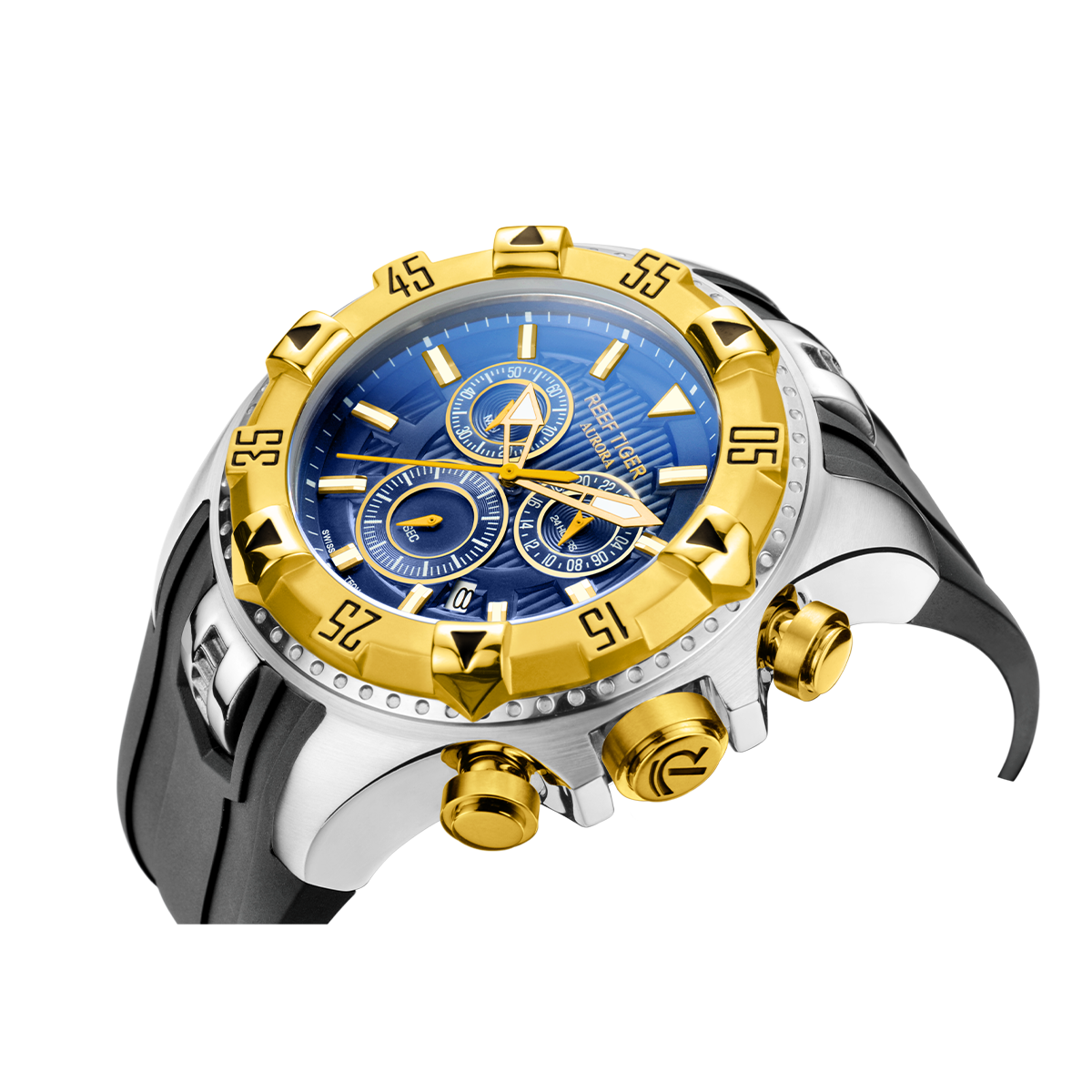 REEF TIGER Aurora RGA303 52mm Big Dial & Yellow Gold Color Bezel - Men's Chronograph Quartz Multi-Function Sport Watch