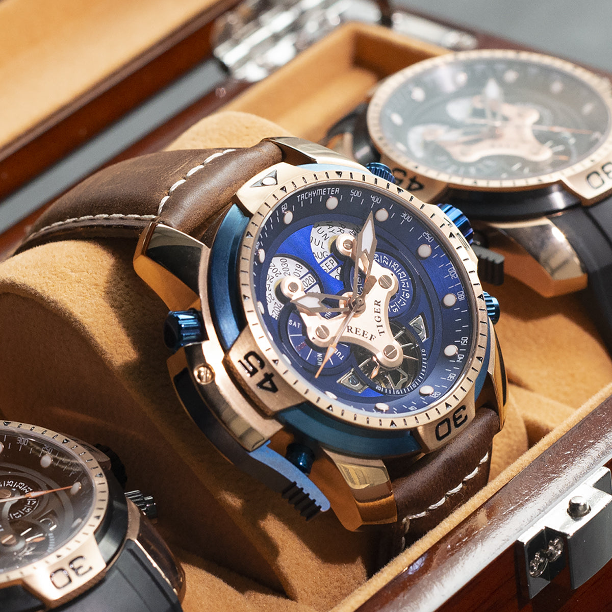 Reef Tiger Aurora RGA3503 Men's Automatic Mechanical Rose Gold Wristwatch - ST25 Automatic Movement Fashion Casual Sports Watch