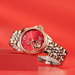 REEF TIGER Original Diamond Watches for Women - Fashion Burgundy Red Dial Luxury RGA1583 Automatic Ladies Dress Watch