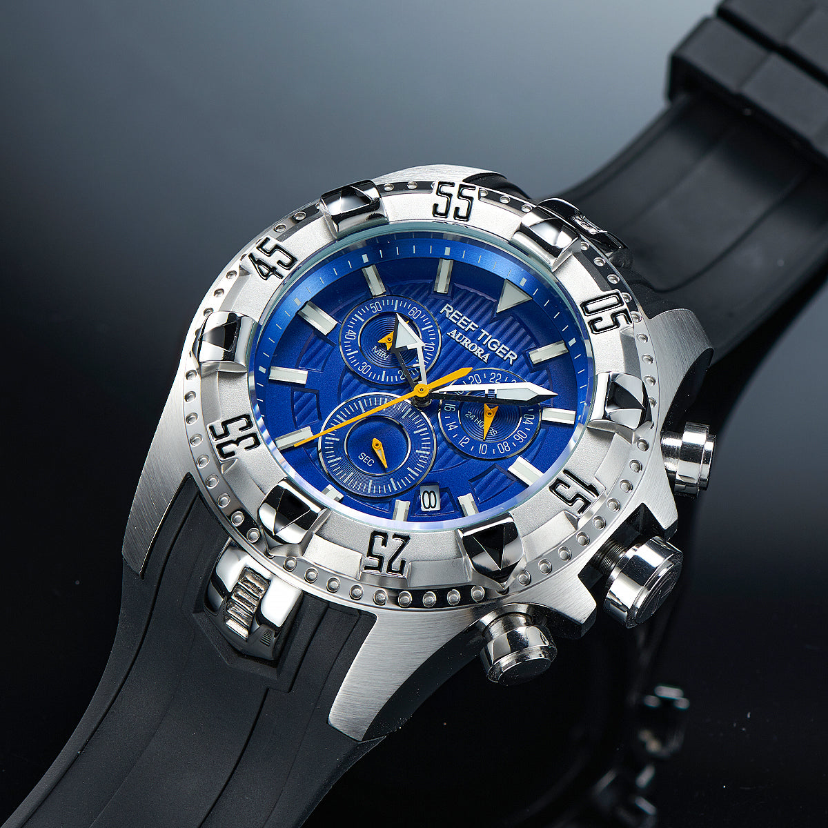 REEF TIGER Aurora RGA303 52mm Big Dial Men Sport Multifunction Quartz Wrist Watch - Luminous Calendar Waterproof Multi Function Men's Watches