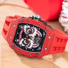 Fashion Reef Tiger RGA3009 Chinese Red Carbon Fiber Case Lion Dance Skeleton Automatic Watch