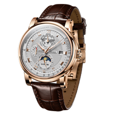 Rose Gold Men's Automatic Mechanical Multifunction Day Night Moon Phase Day of the Week Date Watch - Reef Tiger RGA1963