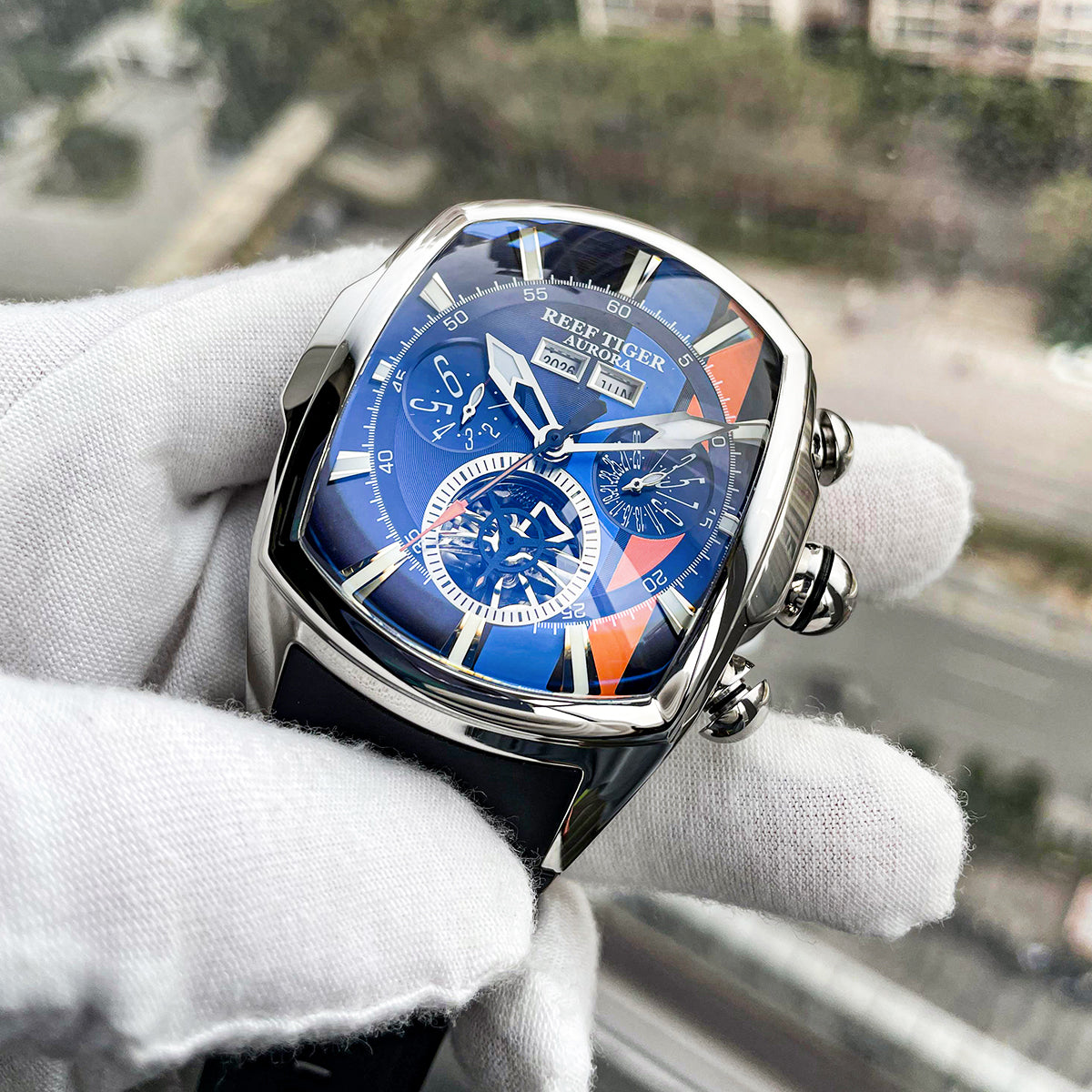 Reef Tiger RGA3069 Men's Tonneau Automatic Watch - Racing Skeleton Automatic Winding Mechanical Waterproof Watches