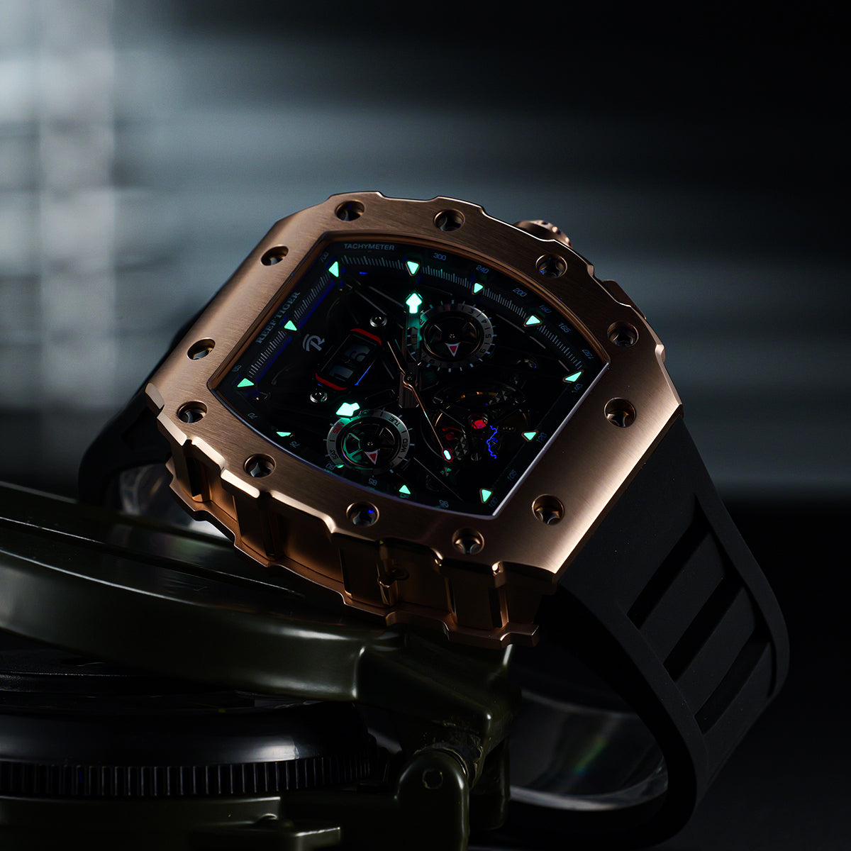 REEF TIGER RGA3009 Rose Gold Men Skeleton Automatic Tonneau Wristwatch - Multifunctional Date Luminous Waterproof Watch