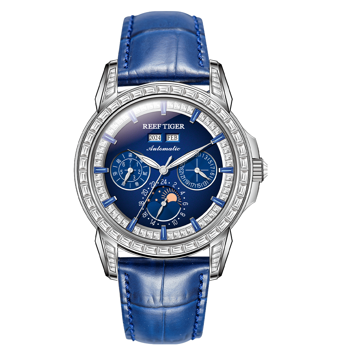 Luxury Zirconia Bezel & Blue Dial Men 24 Hour Moon Phase Dress Business Watch - Reef Tiger Classics RGA1988