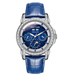 Luxury Zirconia Bezel & Blue Dial Men 24 Hour Moon Phase Dress Business Watch - Reef Tiger Classics RGA1988