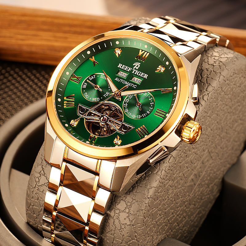 Reef Tiger RGA8235 Constant motion Green Day Date Automatic Tourbillon Style Watches for Men