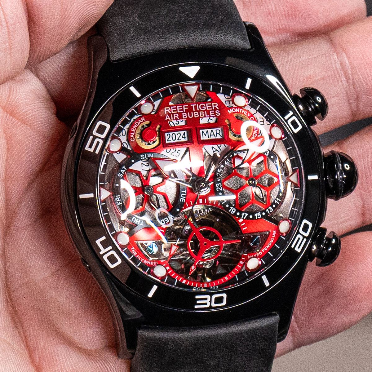 All Black Reef Tiger Aurora RGA703 Mens Sport Automatic Skeleton Red Dial Watches