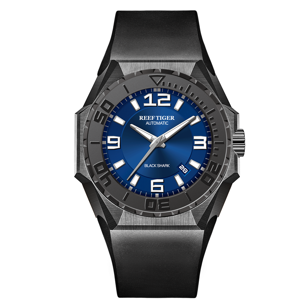 Reef Tiger RGA6903 Black Case Men Mechanical Watches Leather/Rubber/Stainless Steel Diving Watch - Blue Dial & 200M Waterproof