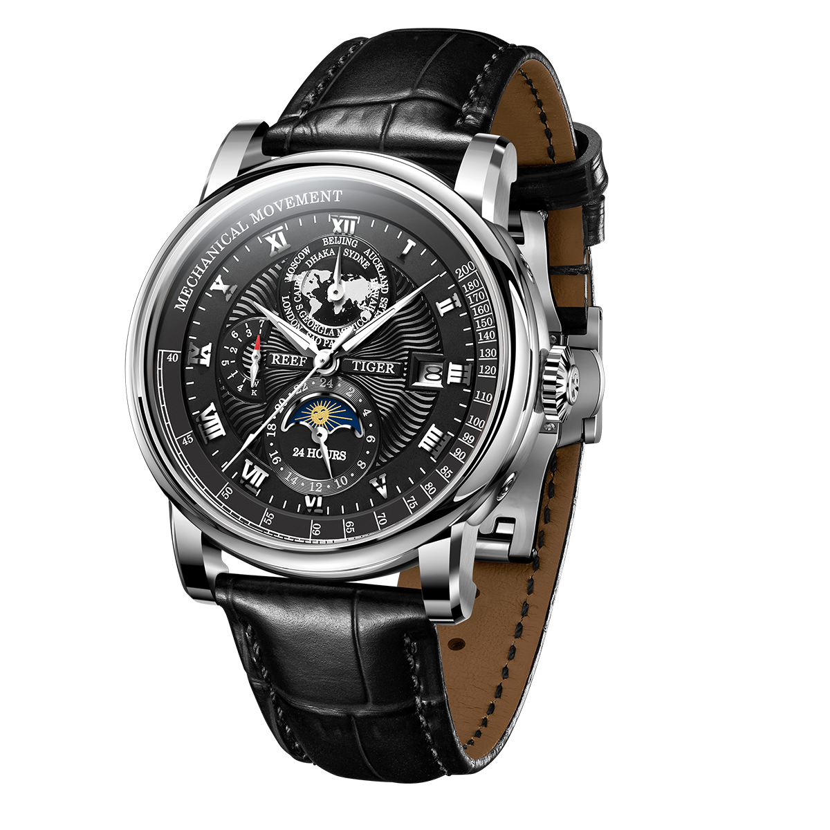 Reef Tiger RGA1963 Men's Multifunction Business Luxury Moon Phase Automatic Watch - Black Dial/Calfskin Strap