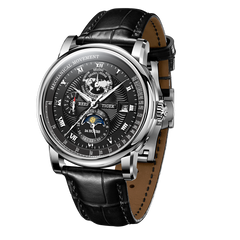 Reef Tiger RGA1963 Men's Multifunction Business Luxury Moon Phase Automatic Watch - Black Dial/Calfskin Strap