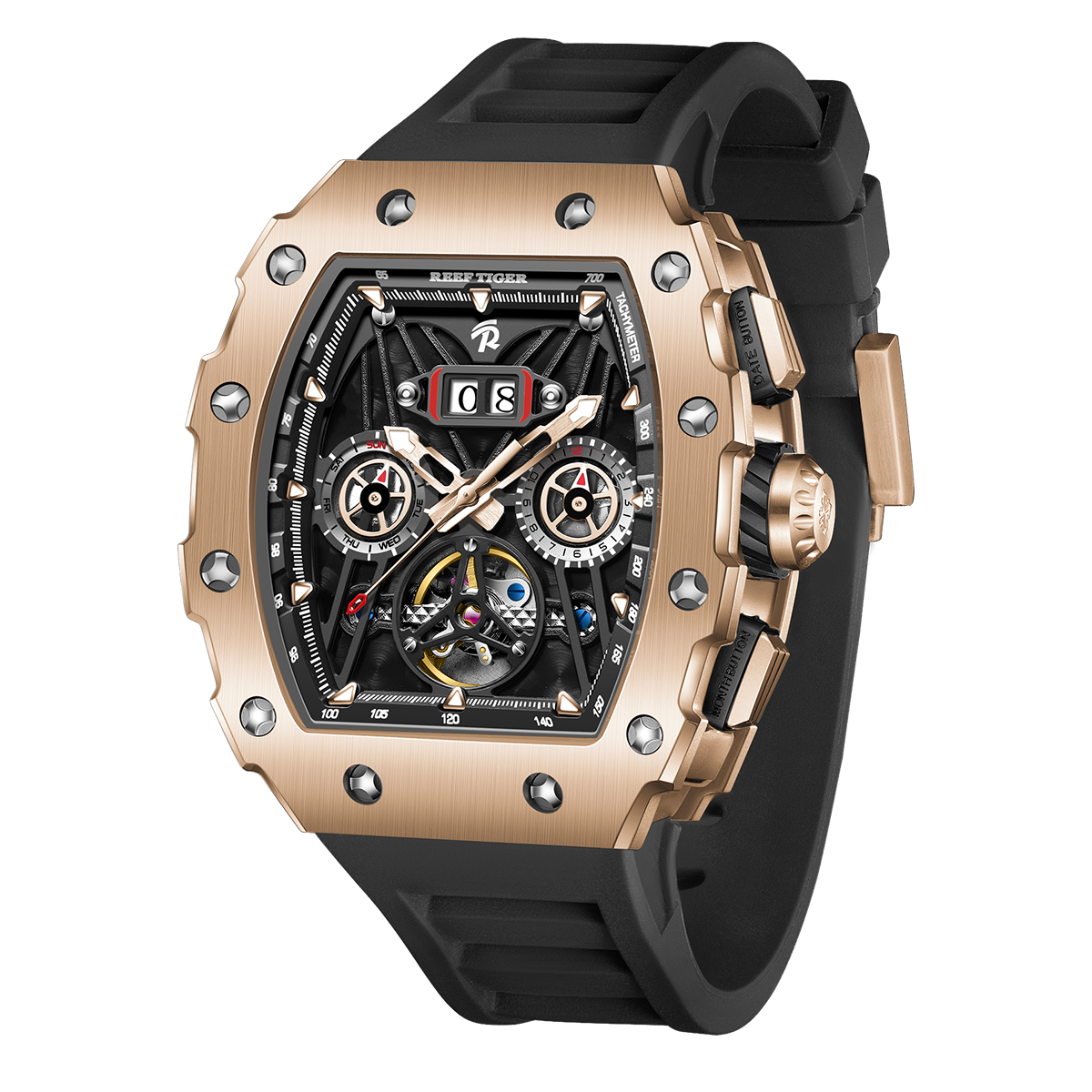REEF TIGER RGA3009 Rose Gold Men Skeleton Automatic Tonneau Wristwatch - Multifunctional Date Luminous Waterproof Watch