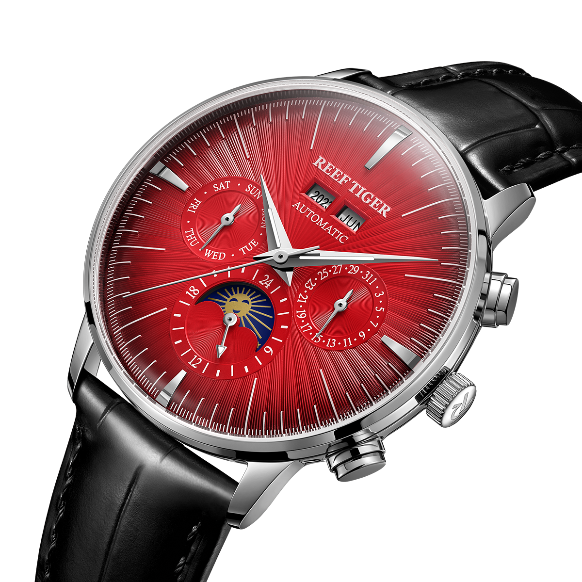 Red Dial Automatic Multifunctional Day/Date Moon phase Watch For Men - REEF TIGER RGA8218 Vintage Business Wristwatch