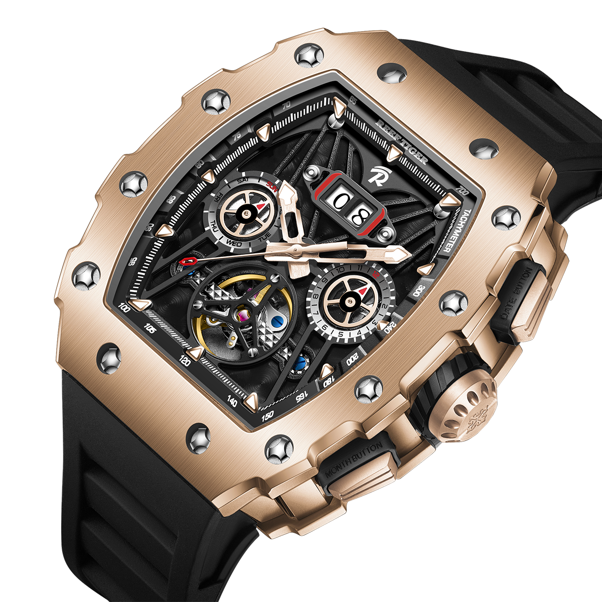 REEF TIGER RGA3009 Rose Gold Men Skeleton Automatic Tonneau Wristwatch - Multifunctional Date Luminous Waterproof Watch